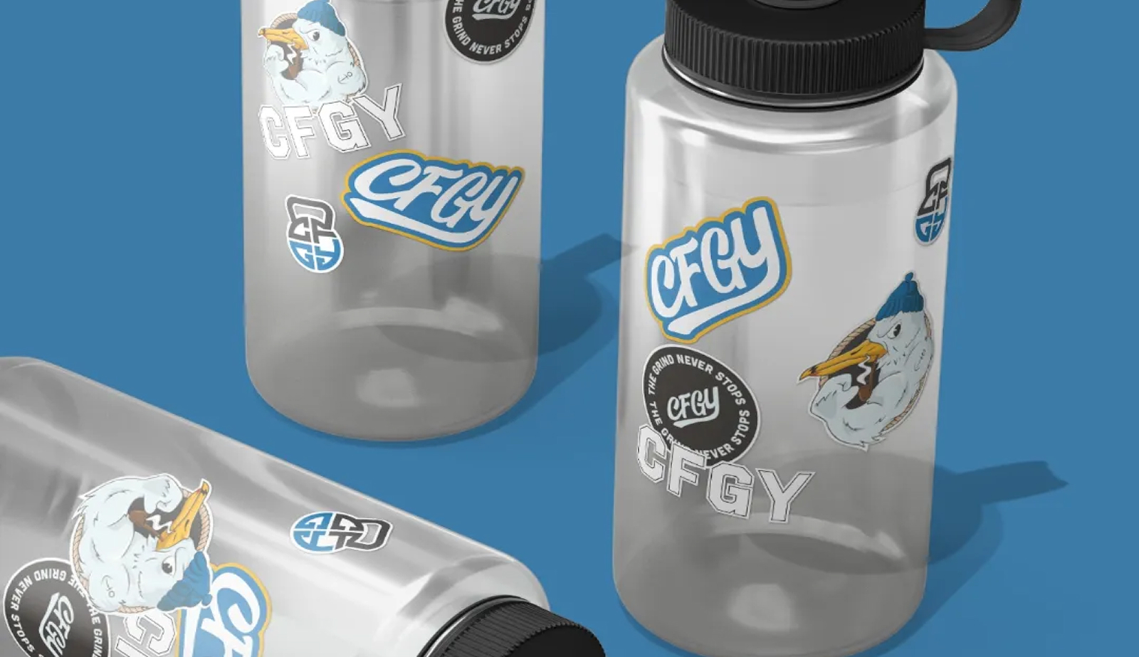 Branded clothing in Grimsby - CrossFit Grimsby water bottles with CFGY seagull stickers
